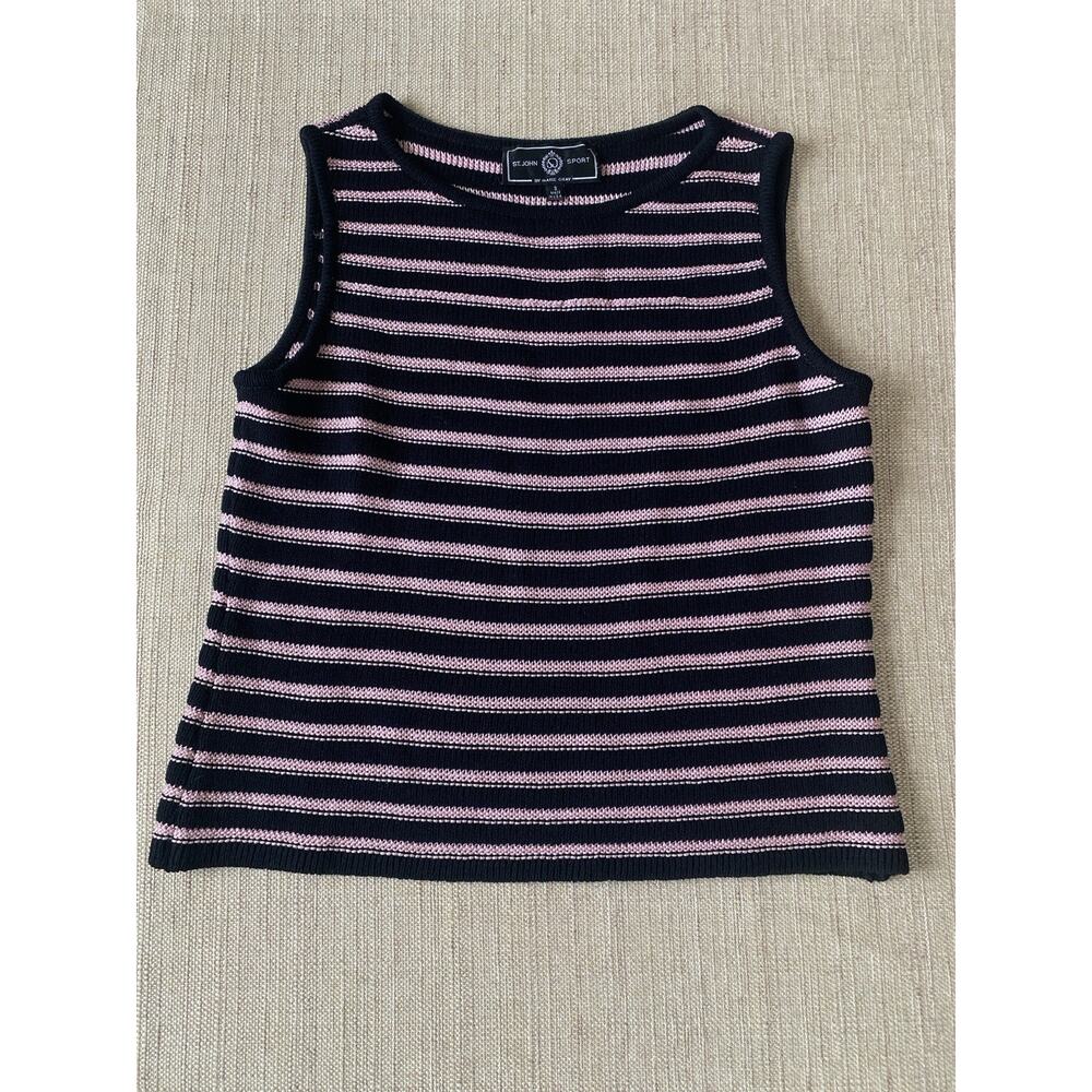 Vintage St. John Sport by Marie Gray Striped Knit Tank Top Pink Black S